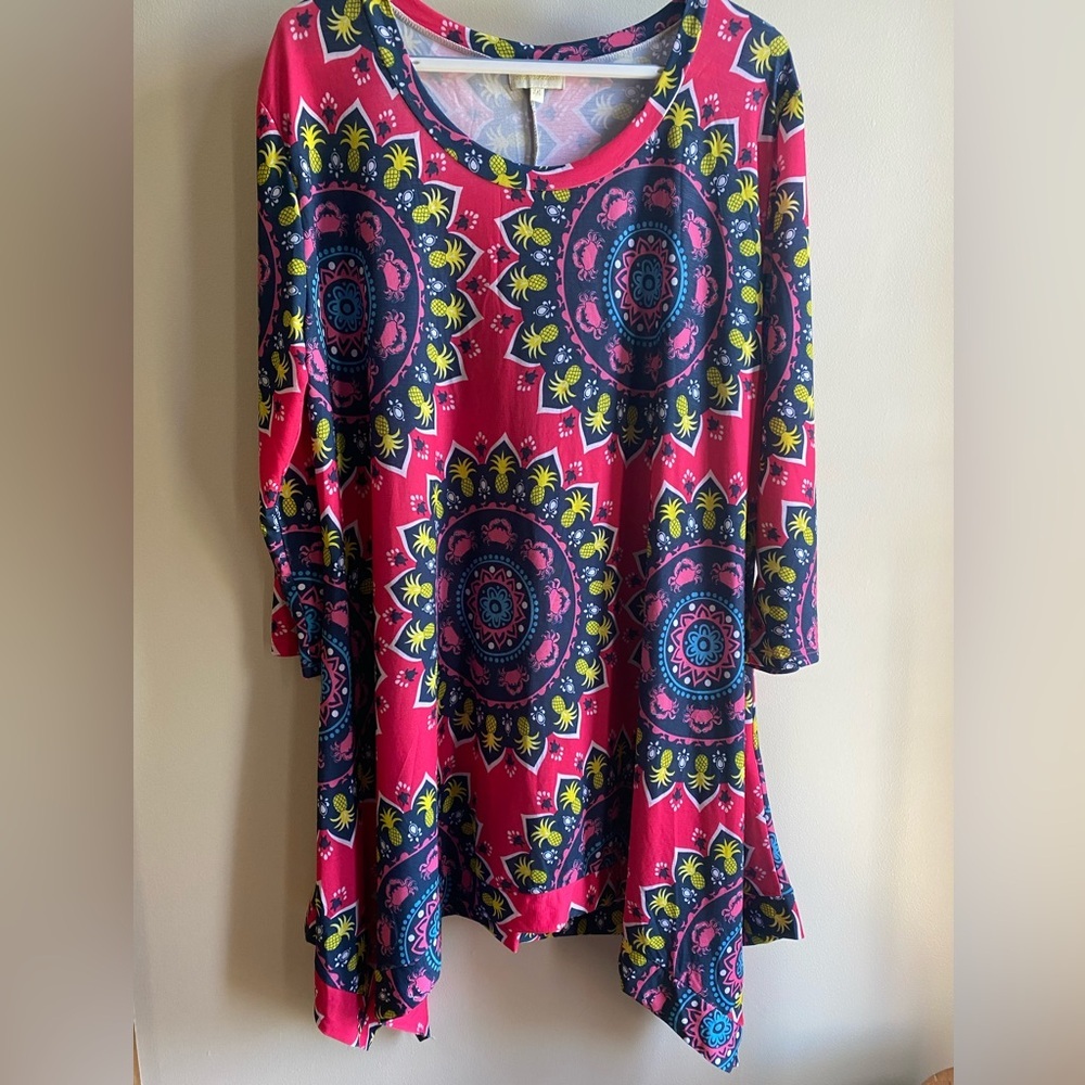 Simply Southern Long Sleeve Tunic Pink Pineapple Crabs Medallion Dress Size XXL